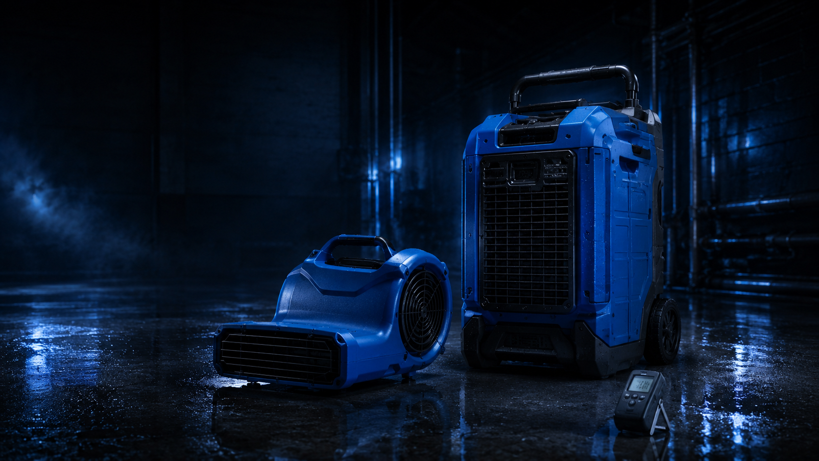 Commercial water damage restoration equipment — dehumidifiers, air movers, and moisture detection tools